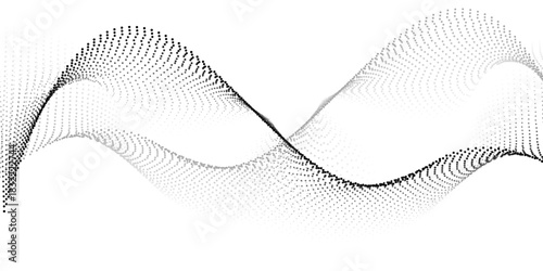 Dark flowing dots. Particles wave pattern in halftone black and white. Concept of technology, science, music, modern.