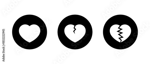 Heart and heartbreak icon in black circle. Love and broken heart symbol. Romantic and divorce sign