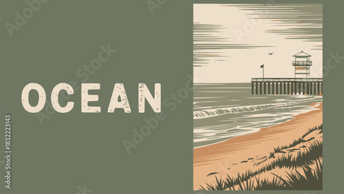 Vintage ocean pier landscape with waves sandy shore and muted retro coastal scenery