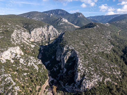 Izmir mountains with winding valley in green landscape