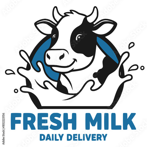 Fresh Milk Daily Delivery Logo with Smiling Cow and Splash