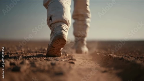 Astronaut walking on arid planet for space exploration. Cosmonaut boot steps on desert surface. Sci fi journey concept for scientific research.