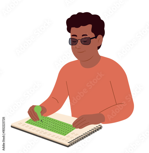 Black blind man wearing glasses writes in Braille using a green stencil and stylus on a spiral notebook. World Braille Day. Vector flat illustration