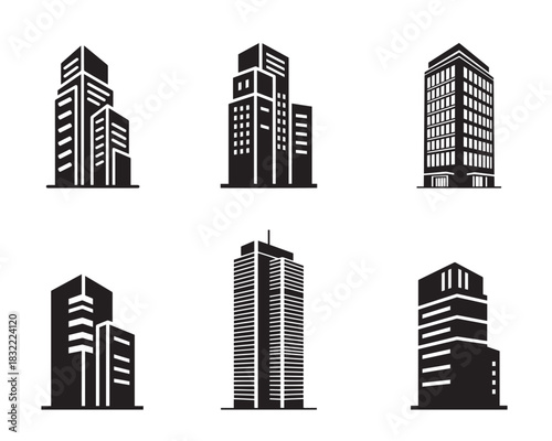 Modern city building and skyscraper icon set. Real estate office, apartment tower, and corporate architecture silhouette vector collection.