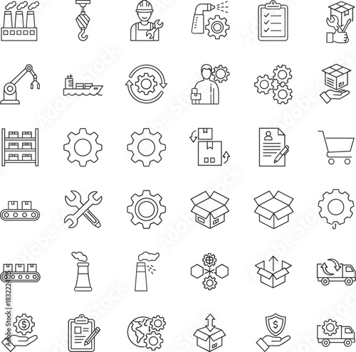 Manufacturing, logistics, industry, supply, chain, factory, shipping, cargo, tools, icons, gear, flat, vector, illustration, process, automation, delivery, packaging, transport, infrastructure