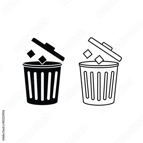 Trash can icons with lid open and trash falling in black and white