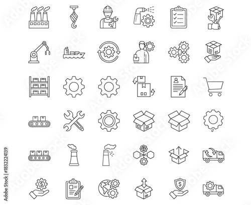 Manufacturing, logistics, industry, supply, chain, factory, shipping, cargo, tools, icons, gear, flat, vector, illustration, process, automation, delivery, packaging, transport, infrastructure