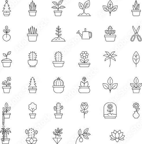 Plants, gardening, nature, leaves, flowers, cactus, tools, icons, terrarium, potted, flat, vector, illustration, black, white, minimal, line, art, botanical, elements