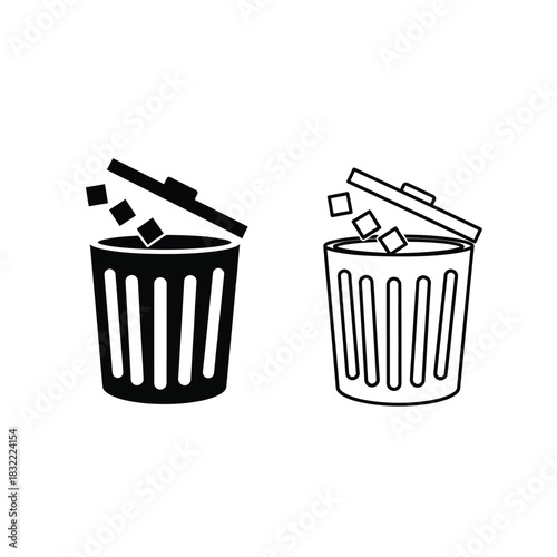 Trash can icon set with open lid and flying trash pieces