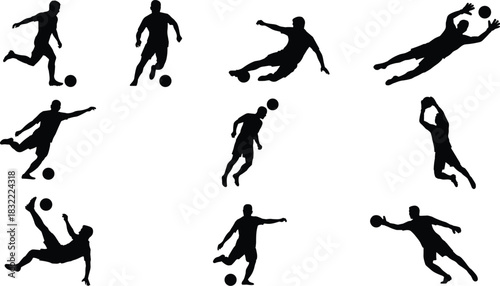 Soccer player silhouettes collection, vector set of athletes kicking, dribbling, and goalkeepers diving, isolated black figures on white background