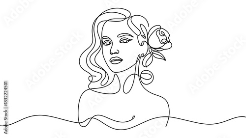 continuous line art illustration of a woman with flowing hair and a flower, expressing beauty, elegance, and artistic feminine