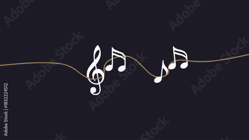 Elegant musical notes and treble clef flowing along a curved line on dark minimalist background