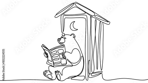 Continuous line art of a bear sitting by an outhouse while reading, creating a humorous and playful minimalist illustration for creative concepts.