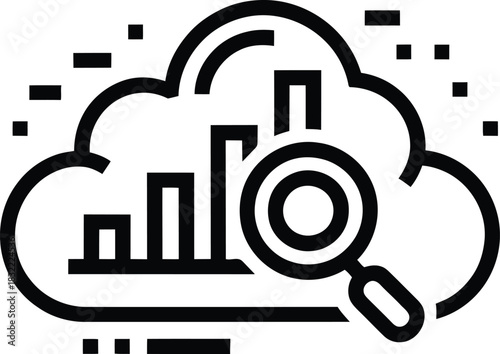 Cloud analytics and data visualization with magnifying glass icon