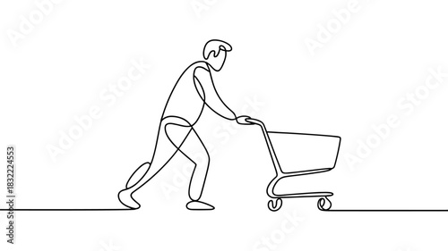 a man pushing an empty shopping cart, symbolizing shopping, retail activity, consumer behavior, and daily lifestyle.