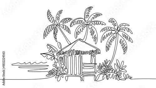 a tropical hut surrounded by palm trees and plants near the water, perfect for themes of vacation, summer, and nature.