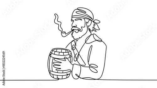 a pirate smoking a pipe while holding a barrel, ideal for themes of adventure, nautical culture, and illustration design.