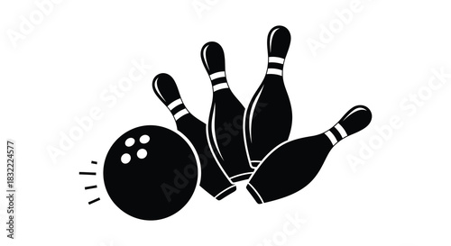a black and white image depicting a bowling ball striking fallen pins silhouette
