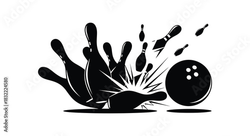 A dramatic bowling strike depicted with dynamic motion and striking visual impact silhouette