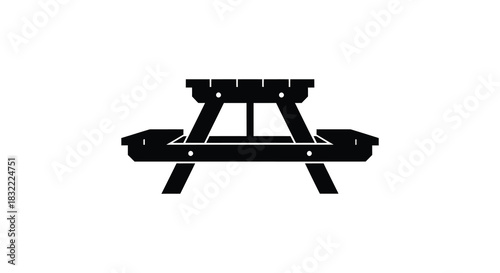 A simple black and white illustration of a classic picnic table outdoor furniture silhouette