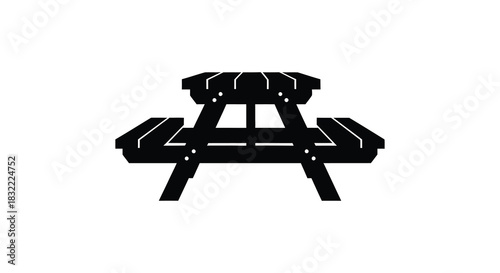 A simple black and white graphic depicting an outdoor picnic table design silhouette