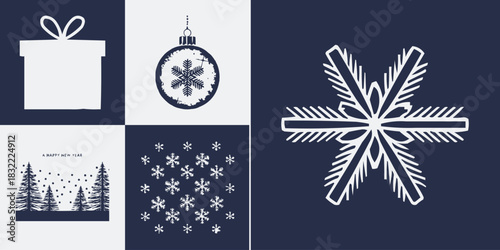 Winter holiday illustration set with gift box ornament snowflakes and snowy pine tree scene in minimal festive graphic style