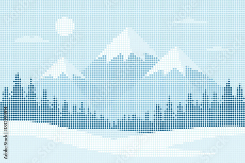 Stipple Halftone Cross Stitch Winter Landscape Background with Snowy Mountains and Blue Pine Forest Illustration