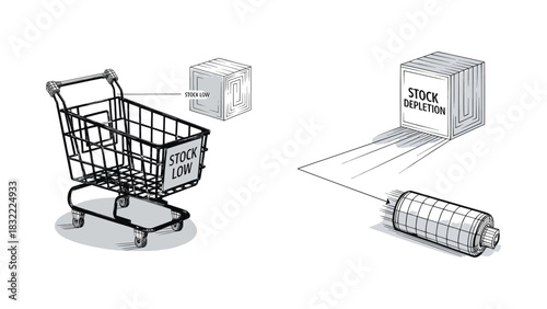 Stock shortage and inventory depletion illustration showing low-stock shopping cart, empty supply roll and diminishing warehouse crate