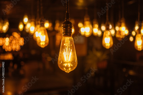 Quadro em tela Glowing Edison Bulb with Filament Detail among Warm Bokeh Lights