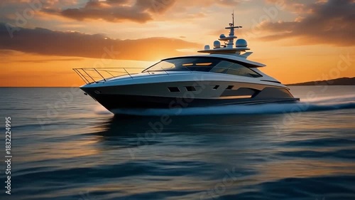 Luxury yacht sailing on open water at sunset