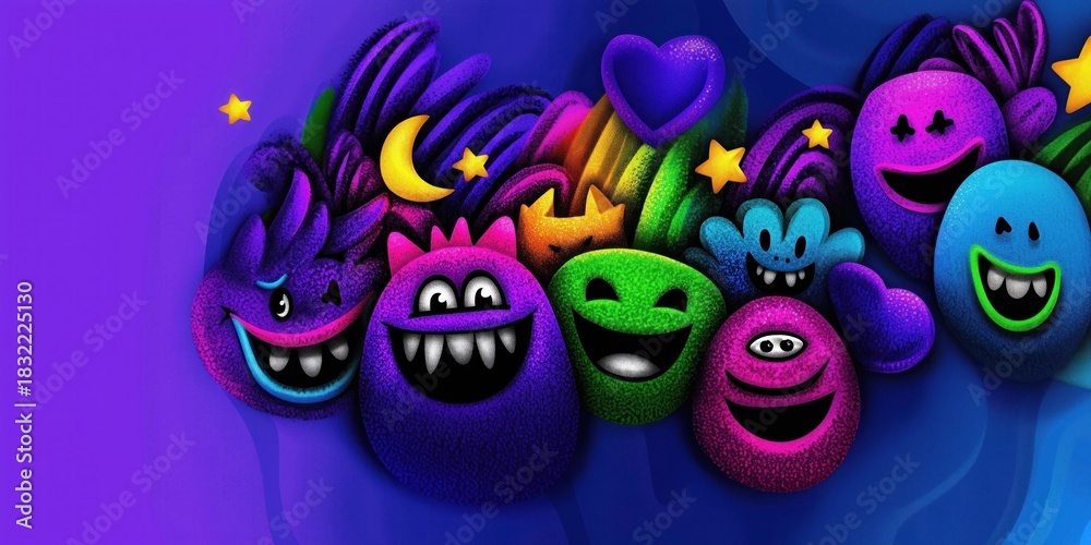 Fototapeta premium Vibrant cartoon neon colors graffiti monsters on the wall with various expressions on a purple and blue gradient background, creating a playful mood.