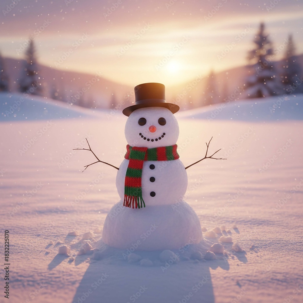 Obraz premium Snowman standing in a snowy forest during the winter holidays.