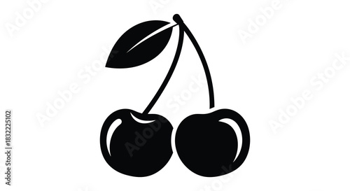 A simple black and white illustration of two cherries with a stem a striking silhouette
