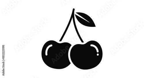 a simple black and white illustration depicting two cherries hanging from a stem silhouette
