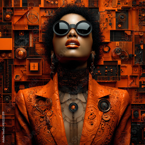 surreal afrofuturistic orange room portrait, visionary african woman in abstract space, vibrant afrofuturism fantasy scene