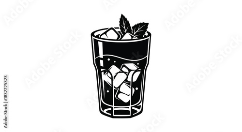 A refreshing glass of iced beverage with mint garnish a bold black and white silhouette