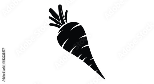 A striking black and white illustration of a carrot s form a bold silhouette