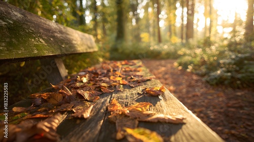 Autumn's tranquil embrace a rustic bench amidst golden forest light evokes peaceful seasonal solitude