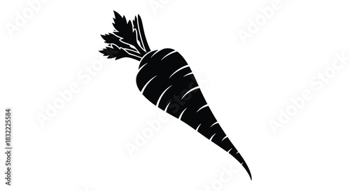 A striking black and white illustration of a carrot showcasing a bold design silhouette