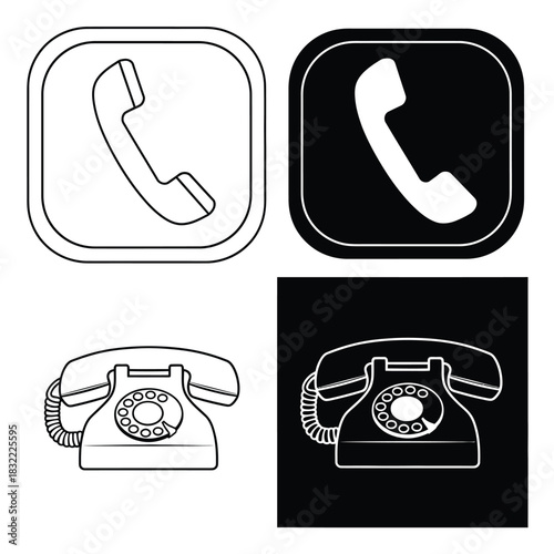 Phone icon set modern and vintage telephone handset in black and white