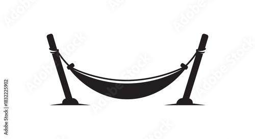 a simple black hammock suspended between two wooden posts a relaxing outdoor scene silhouette