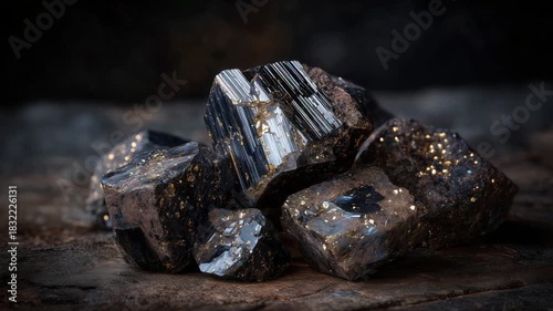 197Artistic composition of rough ore clusters with shiny crystal facets, dark textured surface providing depth, symbolizing critical materials before industrial refinement