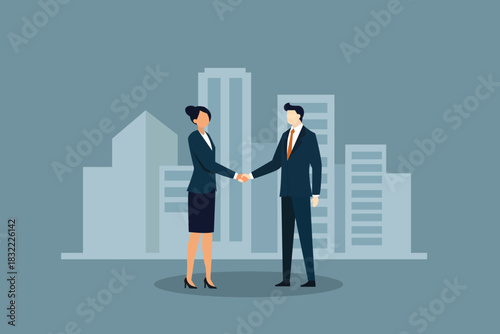 Business Handshake Deal Partnership Agreement Against City Skyline | Corporate Vector Illustration