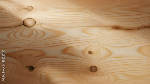 Natural light wood background with grain patterns and knots under soft lighting effects.