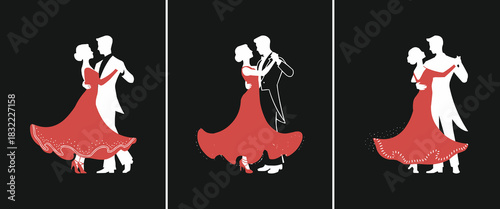 Elegant ballroom dance couple silhouettes with flowing red dress and classic romantic movement poses on dark background