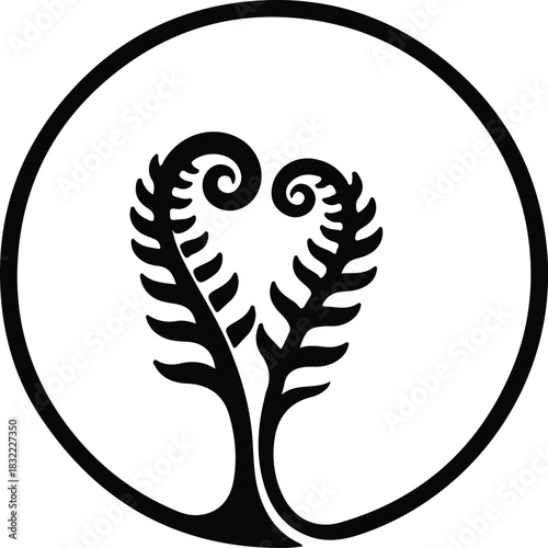 Illustration two unfurled fern fronds within a circle silhouette vector