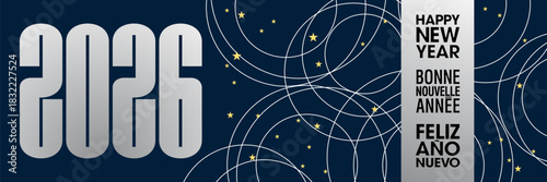 2026-VŒUX-Bannière-Bleu-Cercle2026 - Bannière bleu nuit et argent, décorée de cercles et de petites étoiles - texte anglais, français, espagnol - traduction : bonne nouvelle année.
