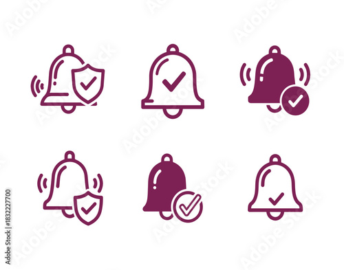 Set of notification bell icons with checkmarks and shields, conveying alerts and security