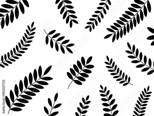 Seamless pattern of black leaf branches scattered on a white background design