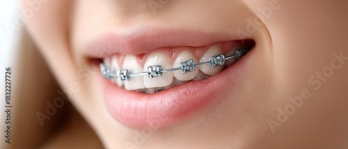 Close-up view of a mouth with braces showcasing straightening teeth on a white background for magazine use